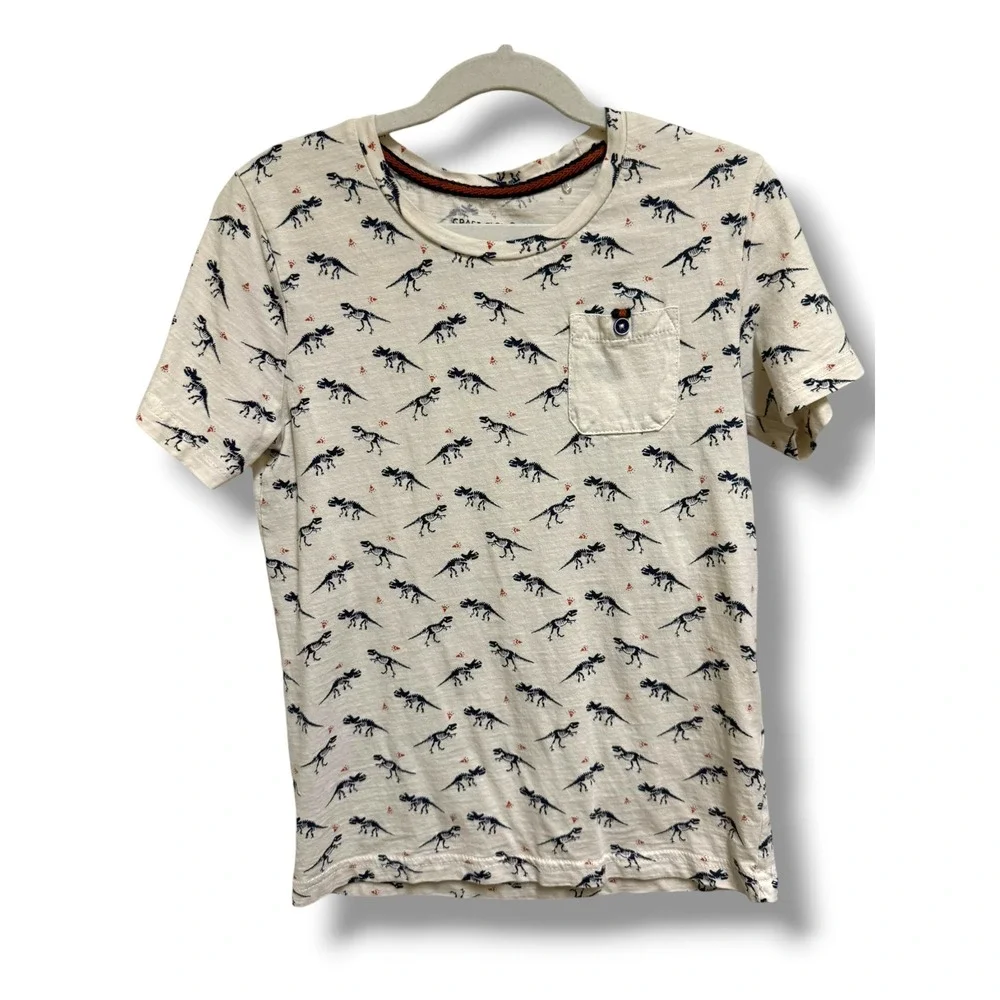 Craft+Flow Boys Dinosaur‎ Skeleton Print Pocket Tee Oatmeal Navy Size 7